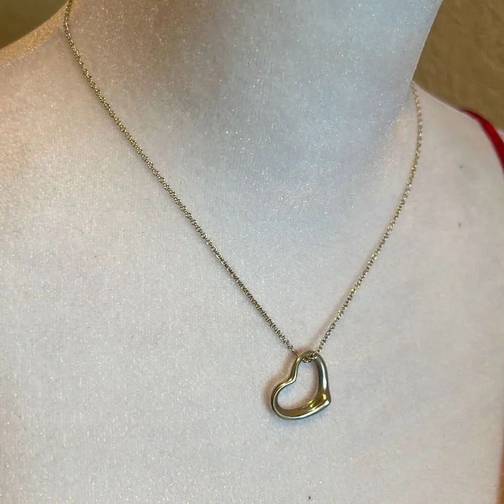 Tiffany And Co Elsa Peretti Open Heart 27mm Pendant Necklace 925 Silver 16”